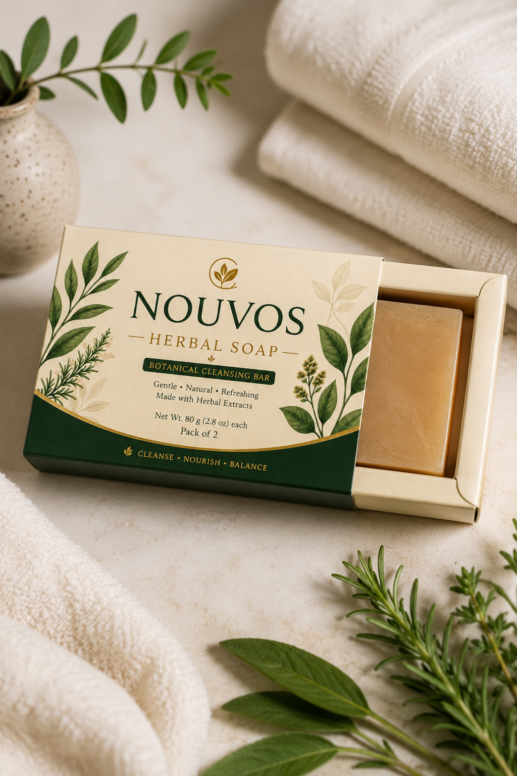 Nouvos Herbal Soap styled on a marble vanity