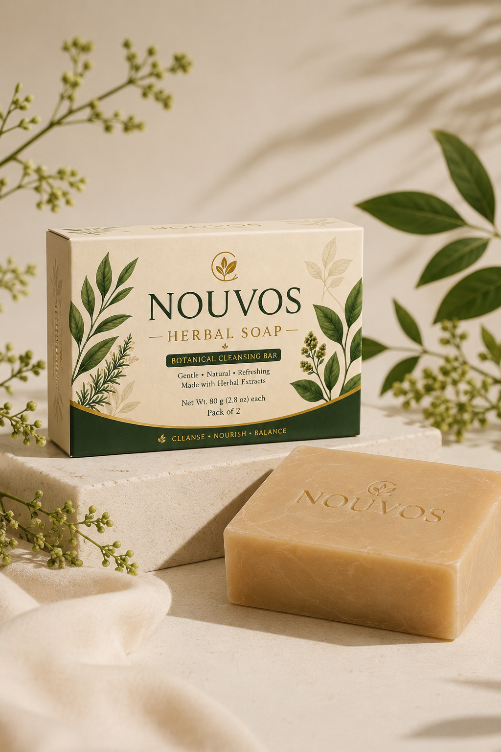 Nouvos Herbal Soap box beside the cleansing bar with botanicals